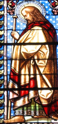 detail of a stained glass window of Saint Barnabas the Apostle; old cathedral of Saint John the Baptist, Bazas, Gironde, France; photographed on 28 March 2013 by GFreihalter; swiped from Wikimedia Commons