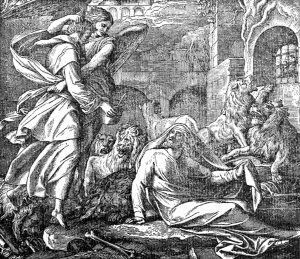 At the command of the Angel, Habacuc gave the food he carried to Daniel.